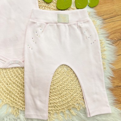 Conj. de Malha 3 peças - Flores de Corações com Strass - Rosa Bebê e Off White